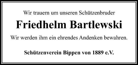 Traueranzeige von Friedhelm Bartlewski von Neue Osnabrücker Zeitung GmbH & Co. KG