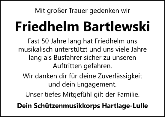 Traueranzeige von Friedhelm Bartlewski von Neue Osnabrücker Zeitung GmbH & Co. KG