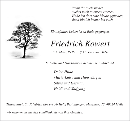 Traueranzeige von Friedrich Kowert von Neue Osnabrücker Zeitung GmbH & Co. KG