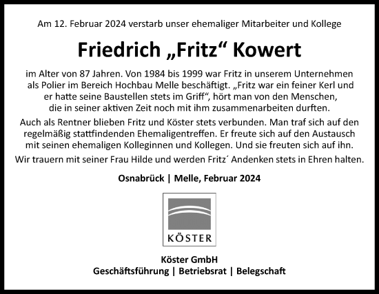 Traueranzeige von Friedrich Kowert von Neue Osnabrücker Zeitung GmbH & Co. KG
