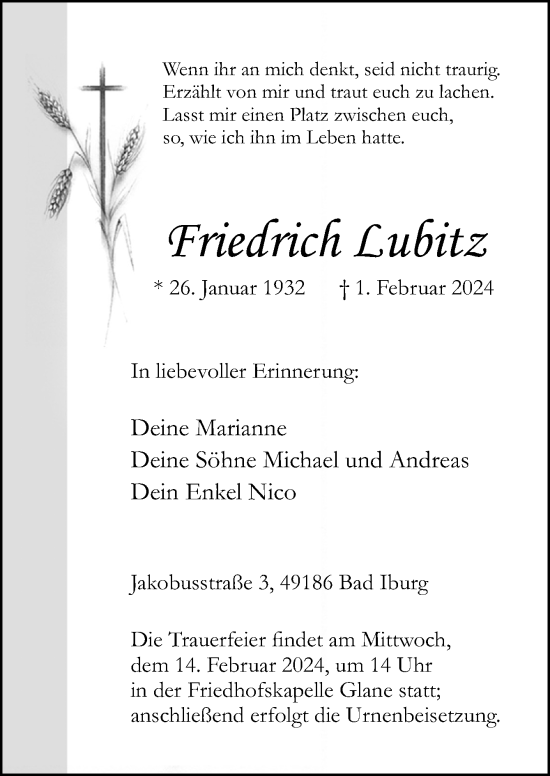 Traueranzeige von Friedrich Lubitz von Neue Osnabrücker Zeitung GmbH & Co. KG