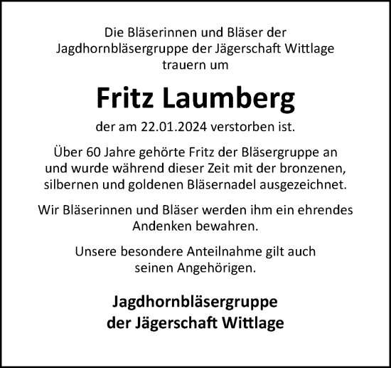 Traueranzeige von Fritz Laumberg von Neue Osnabrücker Zeitung GmbH & Co. KG