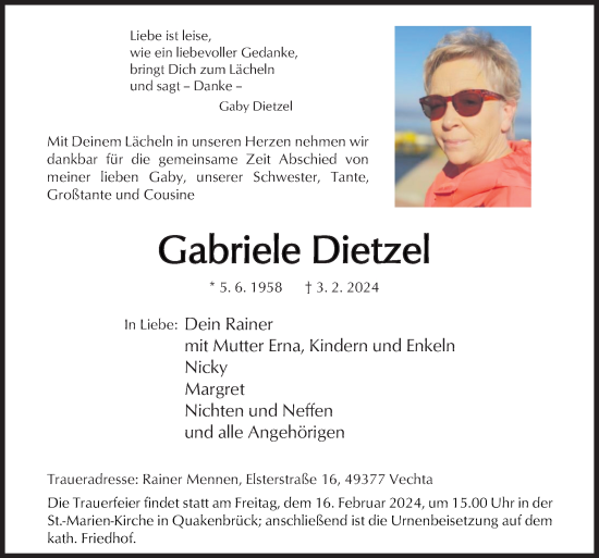 Traueranzeige von Gabriele Dietzel von Neue Osnabrücker Zeitung GmbH & Co. KG