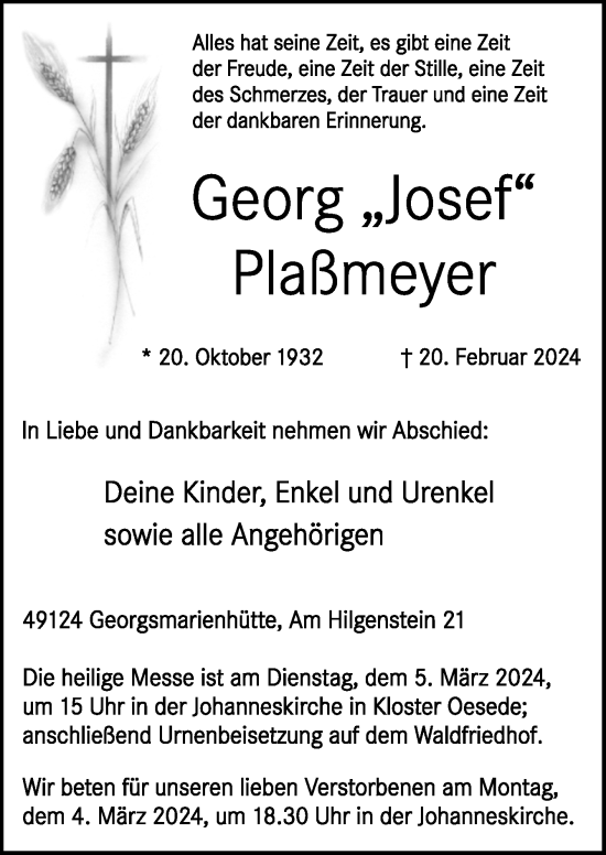 Traueranzeige von Geeorg  Plaßmeyer von Neue Osnabrücker Zeitung GmbH & Co. KG