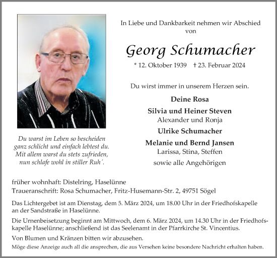 Traueranzeige von Georg Schumacher von Neue Osnabrücker Zeitung GmbH & Co. KG