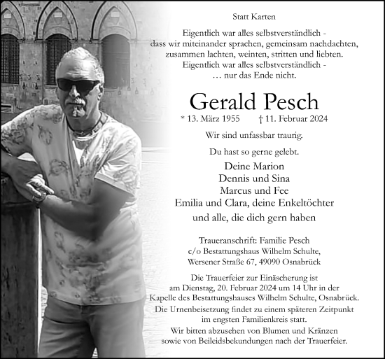 Traueranzeige von Gerald Pesch von Neue Osnabrücker Zeitung GmbH & Co. KG