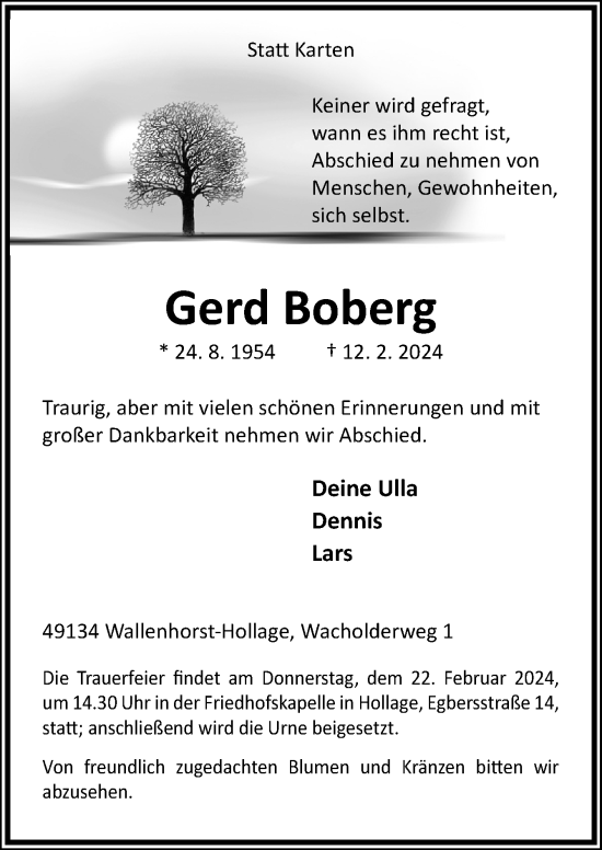 Traueranzeige von Gerd Boberg von Neue Osnabrücker Zeitung GmbH & Co. KG
