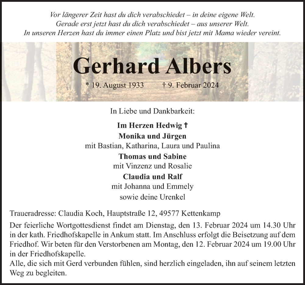  Traueranzeige für Gerhard Albers vom 12.02.2024 aus Neue Osnabrücker Zeitung GmbH & Co. KG