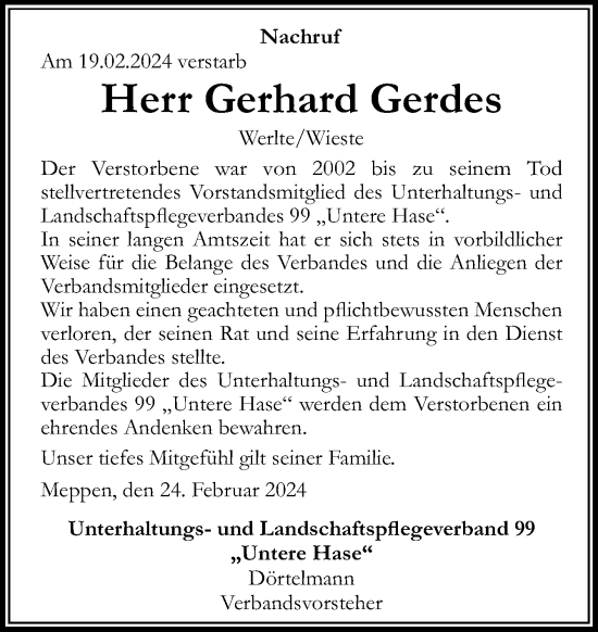 Traueranzeige von Gerhard Gerdes von Neue Osnabrücker Zeitung GmbH & Co. KG
