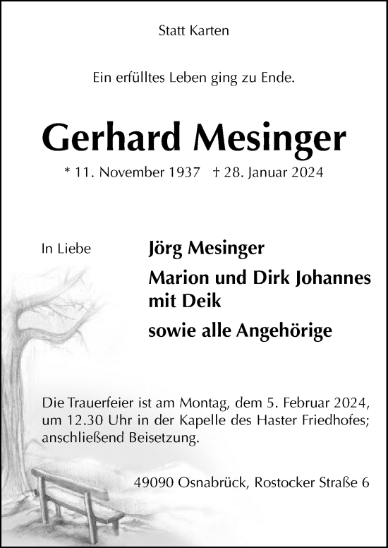 Traueranzeige von Gerhard Mesinger von Neue Osnabrücker Zeitung GmbH & Co. KG