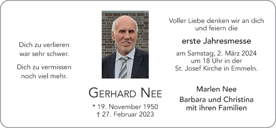 Traueranzeige von Gerhard Nee von Neue Osnabrücker Zeitung GmbH & Co. KG