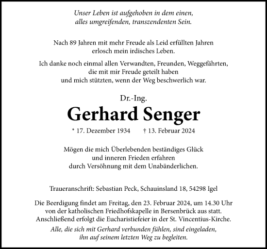 Traueranzeige von Gerhard Senger von Neue Osnabrücker Zeitung GmbH & Co. KG