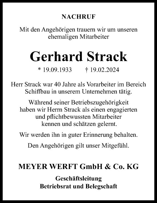 Traueranzeige von Gerhard Strack von Neue Osnabrücker Zeitung GmbH & Co. KG