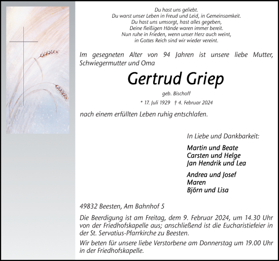 Traueranzeige von Gertrud Griep von Neue Osnabrücker Zeitung GmbH & Co. KG