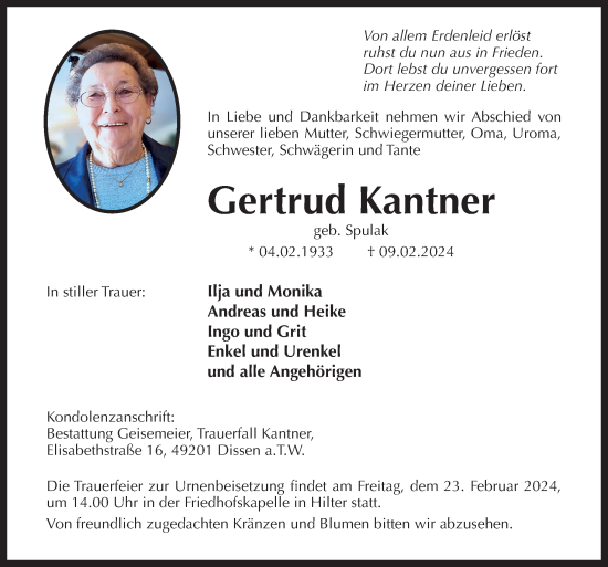 Traueranzeige von Gertrud Kantner von Neue Osnabrücker Zeitung GmbH & Co. KG