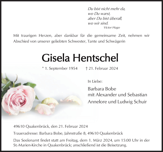 Traueranzeige von Gisela Hentschel von Neue Osnabrücker Zeitung GmbH & Co. KG