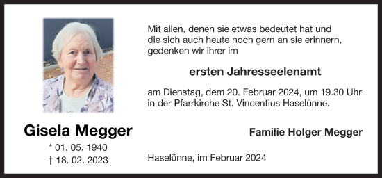 Traueranzeige von Gisela Megger von Neue Osnabrücker Zeitung GmbH & Co. KG