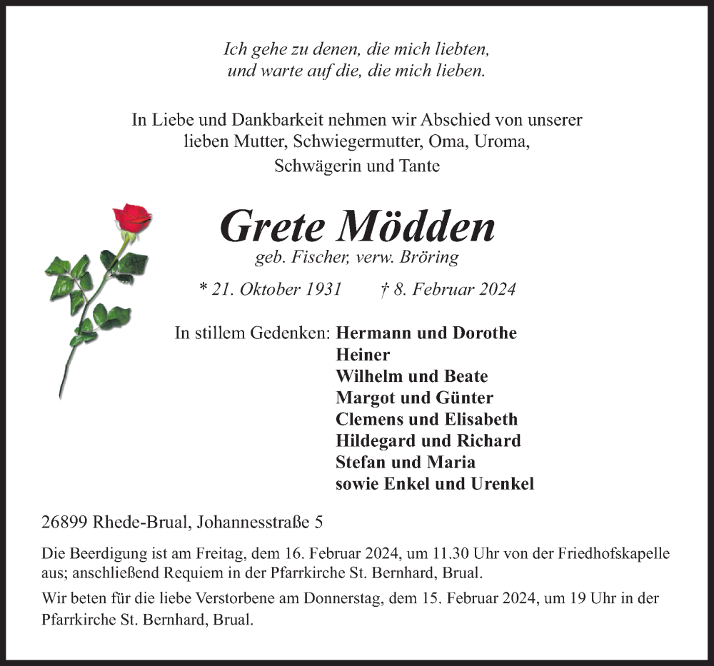  Traueranzeige für Grete Mödden vom 12.02.2024 aus Neue Osnabrücker Zeitung GmbH & Co. KG