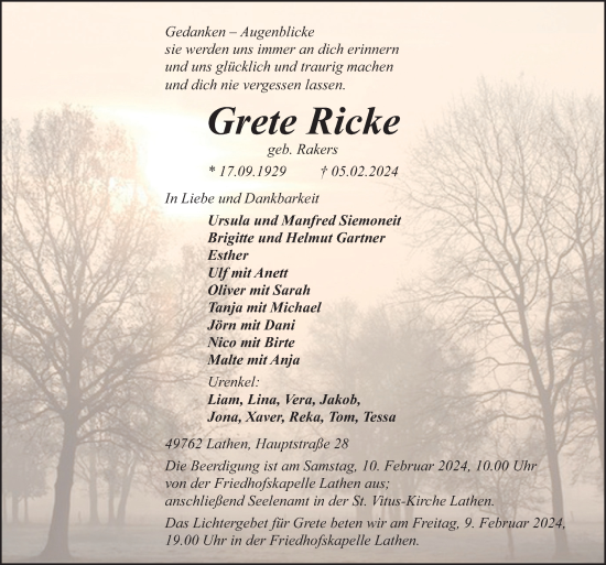 Traueranzeige von Grete Ricke von Neue Osnabrücker Zeitung GmbH & Co. KG