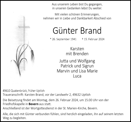 Traueranzeige von Günter Brand von Neue Osnabrücker Zeitung GmbH & Co. KG