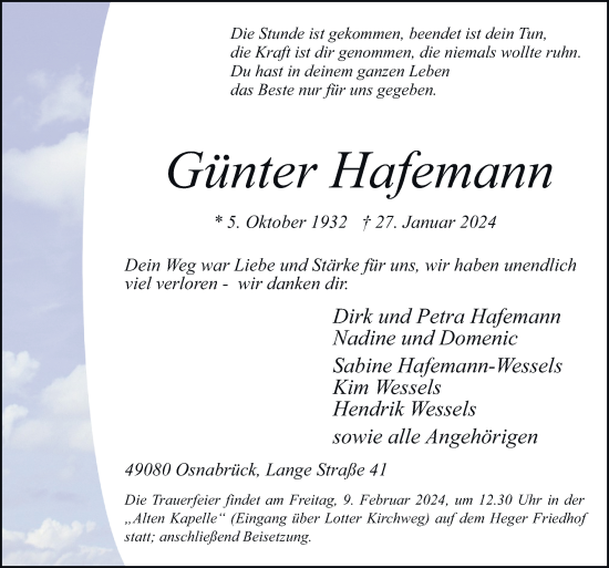 Traueranzeige von Günter Hafemann von Neue Osnabrücker Zeitung GmbH & Co. KG