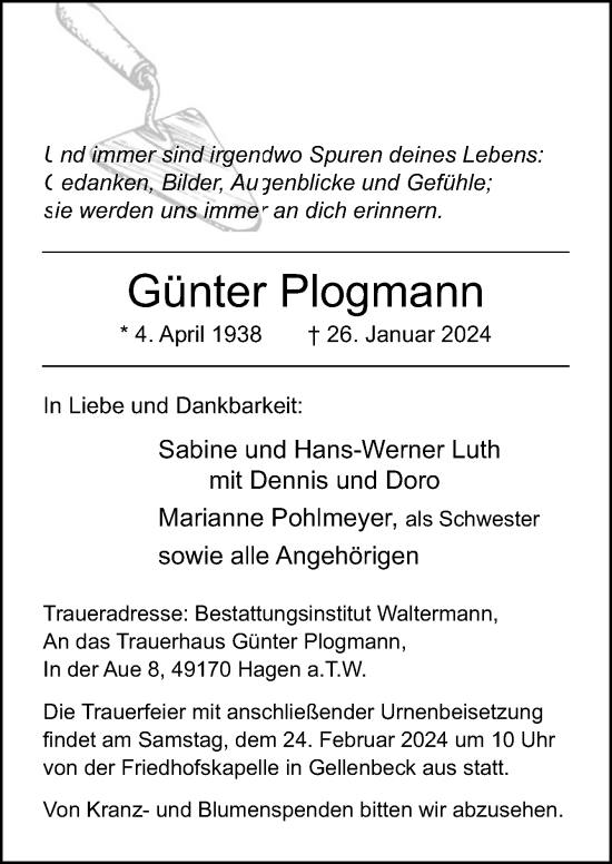Traueranzeige von Günter Plogmann von Neue Osnabrücker Zeitung GmbH & Co. KG