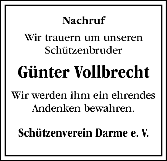 Traueranzeigen von Günter Vollbrecht | noz Trauerportal