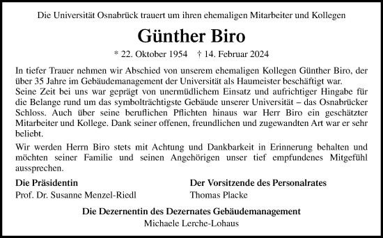 Traueranzeige von Günther Biro von Neue Osnabrücker Zeitung GmbH & Co. KG