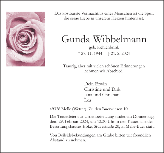 Traueranzeige von Gunda Wibbelmann von Neue Osnabrücker Zeitung GmbH & Co. KG