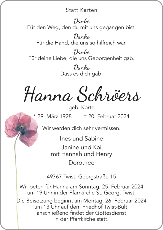 Traueranzeige von Hanna Schröers von Neue Osnabrücker Zeitung GmbH & Co. KG