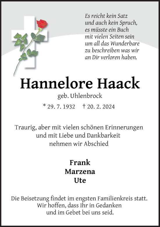 Traueranzeige von Hannelore Haack von Neue Osnabrücker Zeitung GmbH & Co. KG