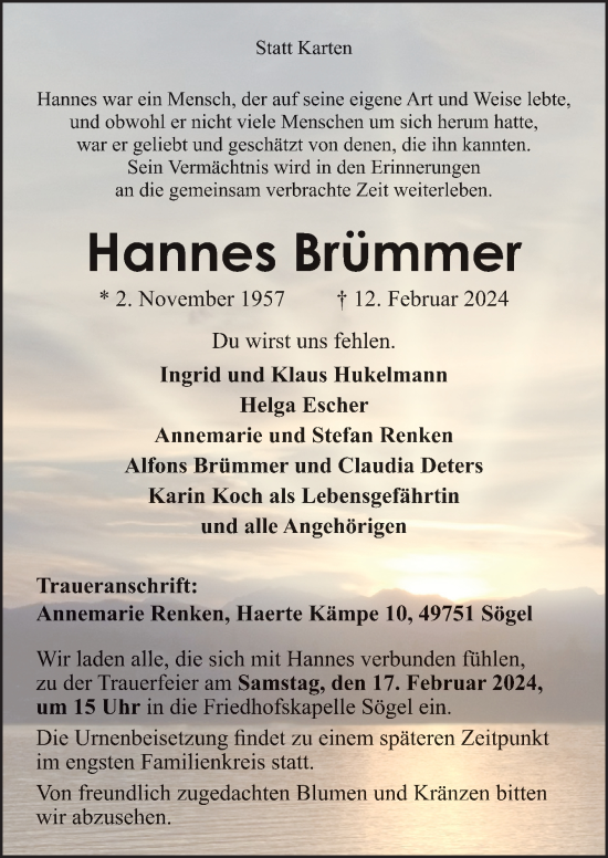 Traueranzeige von Hannes Brümmer von Neue Osnabrücker Zeitung GmbH & Co. KG