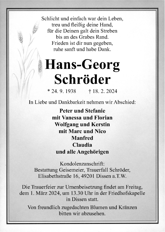 Traueranzeige von Hans-Georg Schröder von Neue Osnabrücker Zeitung GmbH & Co. KG