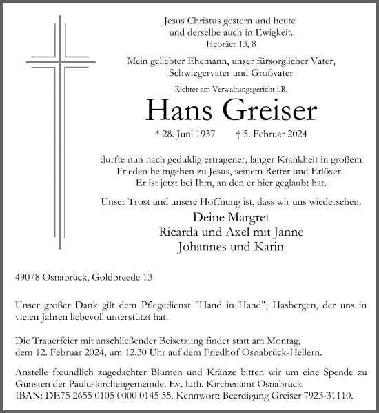 Traueranzeige von Hans Greiser von Neue Osnabrücker Zeitung GmbH & Co. KG