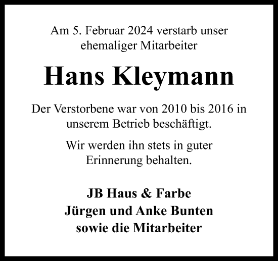 Traueranzeige von Hans Kleymann von Neue Osnabrücker Zeitung GmbH & Co. KG