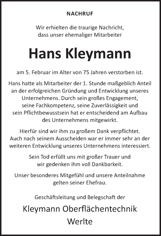 Traueranzeige von Hans Kleymann von Neue Osnabrücker Zeitung GmbH & Co. KG