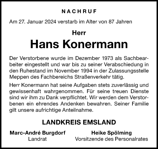 Traueranzeige von Hans Konermann von Neue Osnabrücker Zeitung GmbH & Co. KG