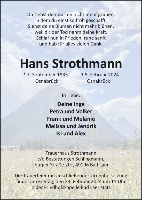 Traueranzeige von Hans Strothmann von Neue Osnabrücker Zeitung GmbH & Co. KG