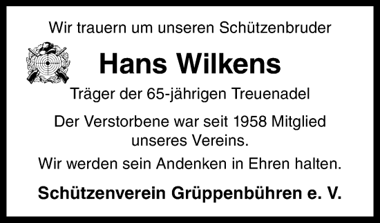 Traueranzeige von Hans Wilkens von DK Medien GmbH & Co. KG