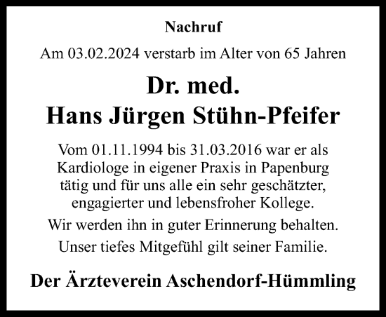 Traueranzeige von Hans Jürgen Stühn-Pfeifer von Neue Osnabrücker Zeitung GmbH & Co. KG