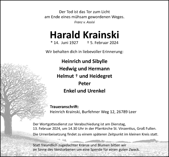 Traueranzeige von Harald Krainski von Neue Osnabrücker Zeitung GmbH & Co. KG