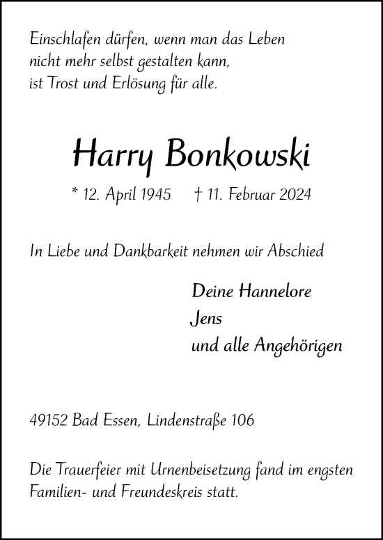 Traueranzeige von Harry Bonkowski von Neue Osnabrücker Zeitung GmbH & Co. KG
