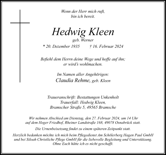 Traueranzeige von Hedwig Kleen von Neue Osnabrücker Zeitung GmbH & Co. KG