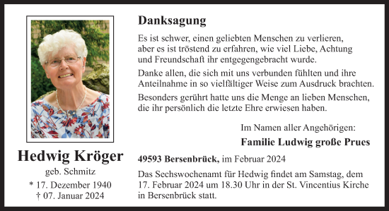 Traueranzeige von Hedwig Kröger von Neue Osnabrücker Zeitung GmbH & Co. KG