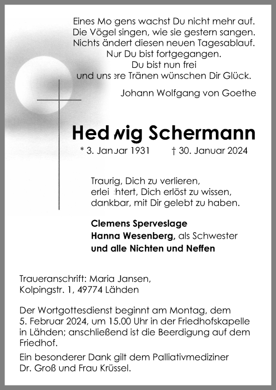 Traueranzeige von Hedwig Schermann von Neue Osnabrücker Zeitung GmbH & Co. KG