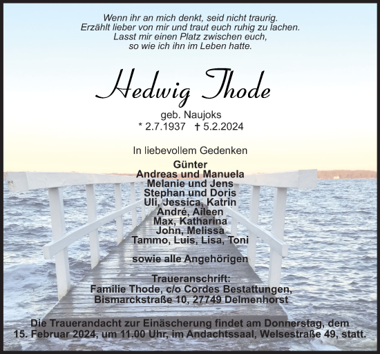 Traueranzeige von Hedwig Thode von DK Medien GmbH & Co. KG