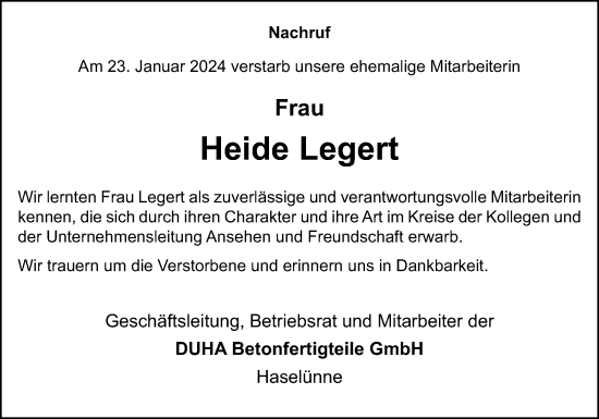 Traueranzeige von Heide Legert von Neue Osnabrücker Zeitung GmbH & Co. KG