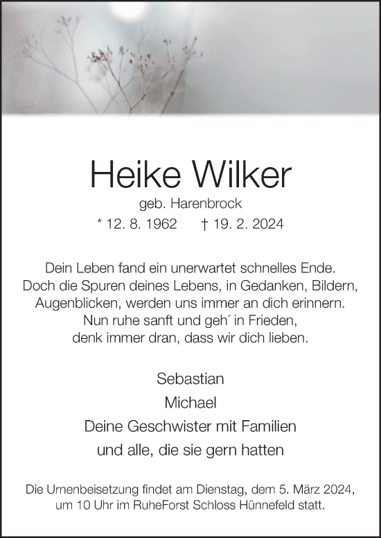 Traueranzeige von Heike Wilker von Neue Osnabrücker Zeitung GmbH & Co. KG
