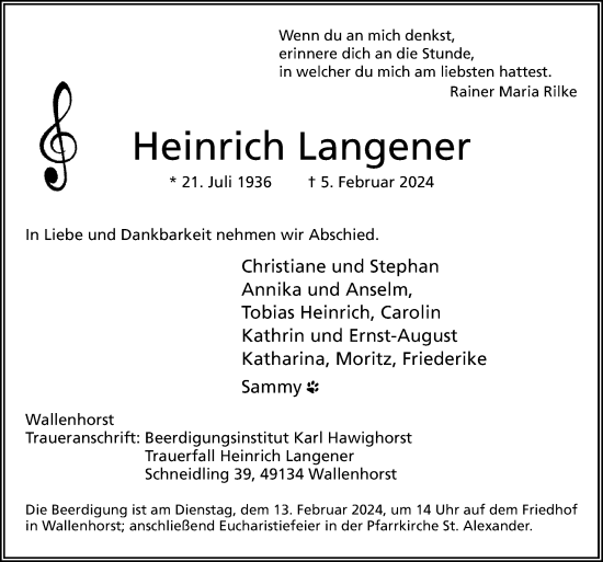 Traueranzeige von Heinrich Langener von Neue Osnabrücker Zeitung GmbH & Co. KG