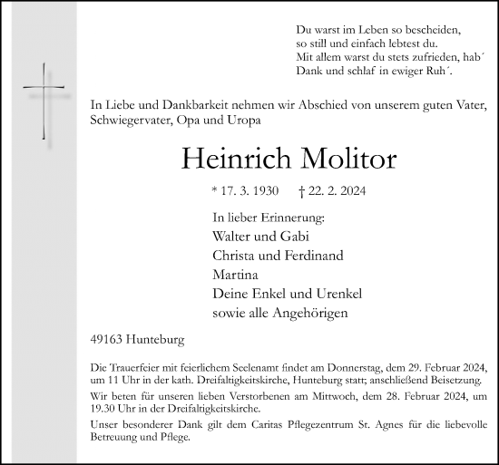 Traueranzeige von Heinrich Molitor von Neue Osnabrücker Zeitung GmbH & Co. KG